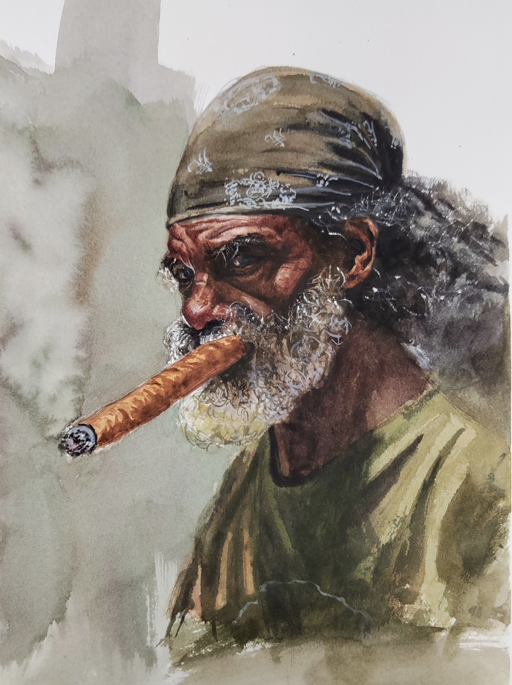 Watercolor portrait titled Cigar Reverie depicting an elder smoking a cigar