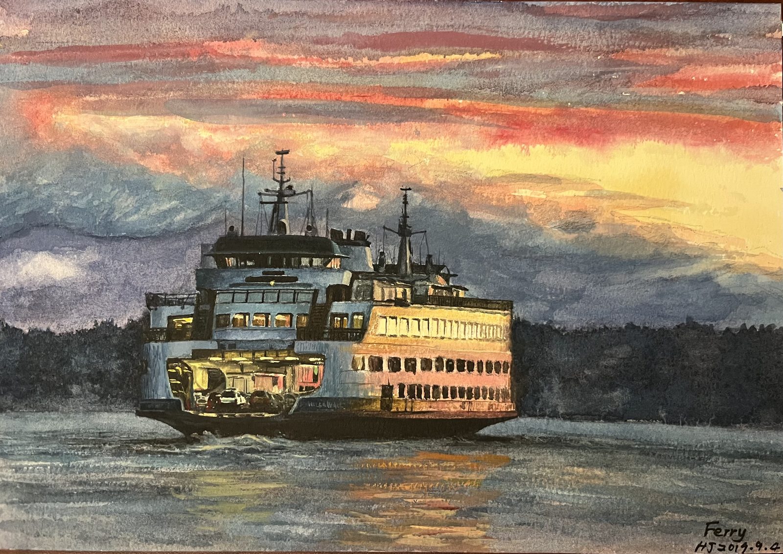 Watercolor of a Washington State ferry crossing under a fiery sunset sky