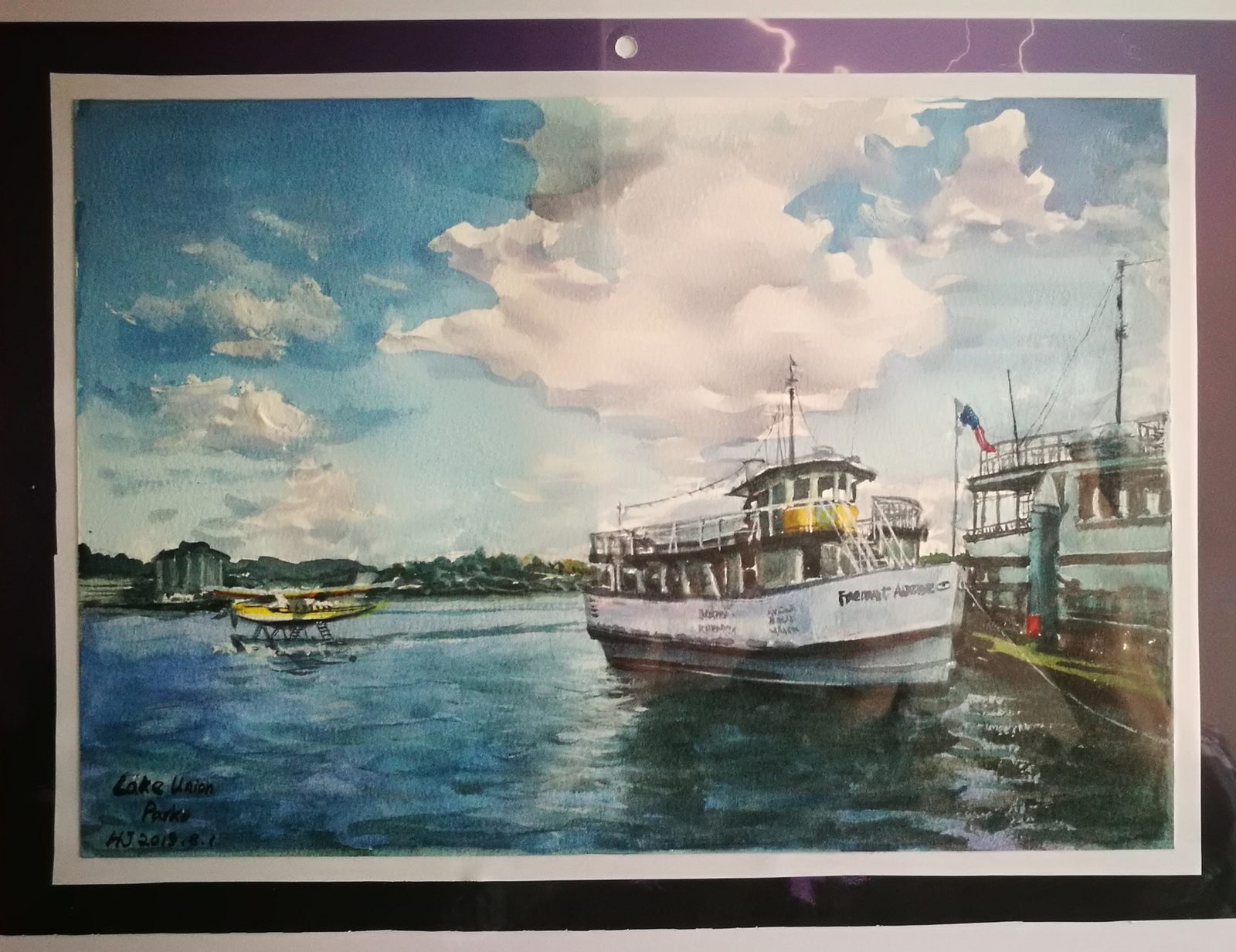 Watercolor of a tour boat and a landing seaplane on Lake Union under tall clouds