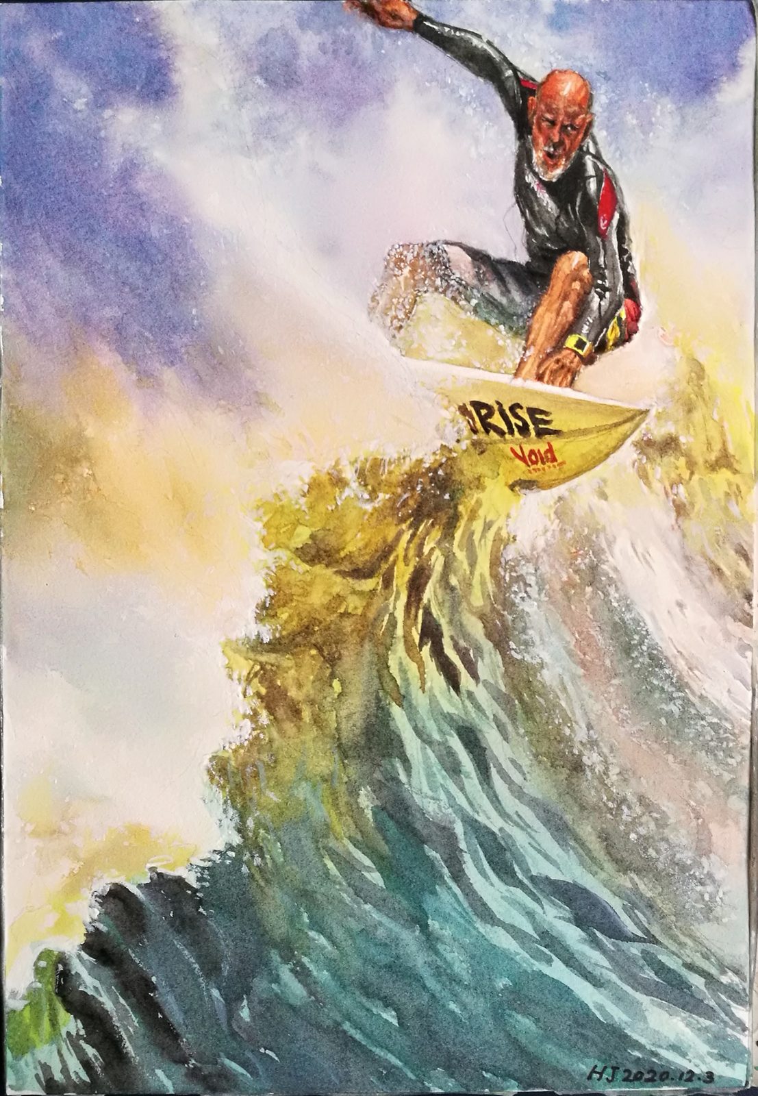 Watercolor of a surfer riding the crest of a wave