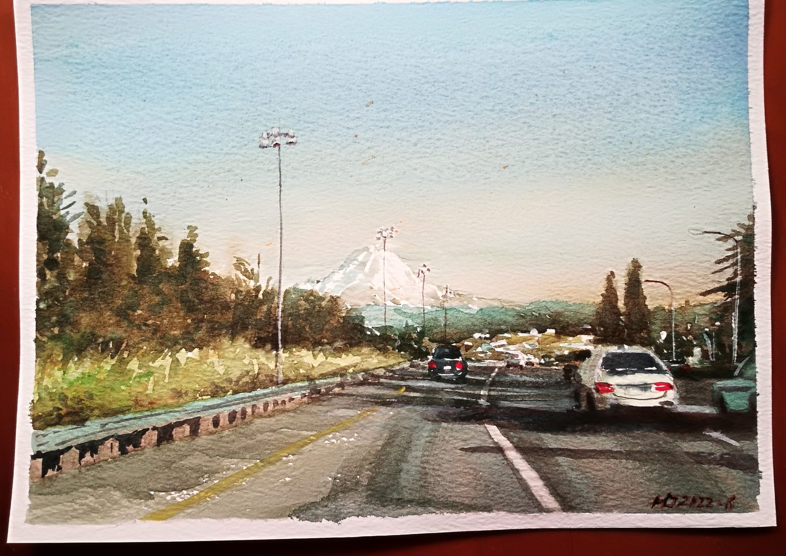Watercolor of a highway heading toward Mount Rainier on a clear day