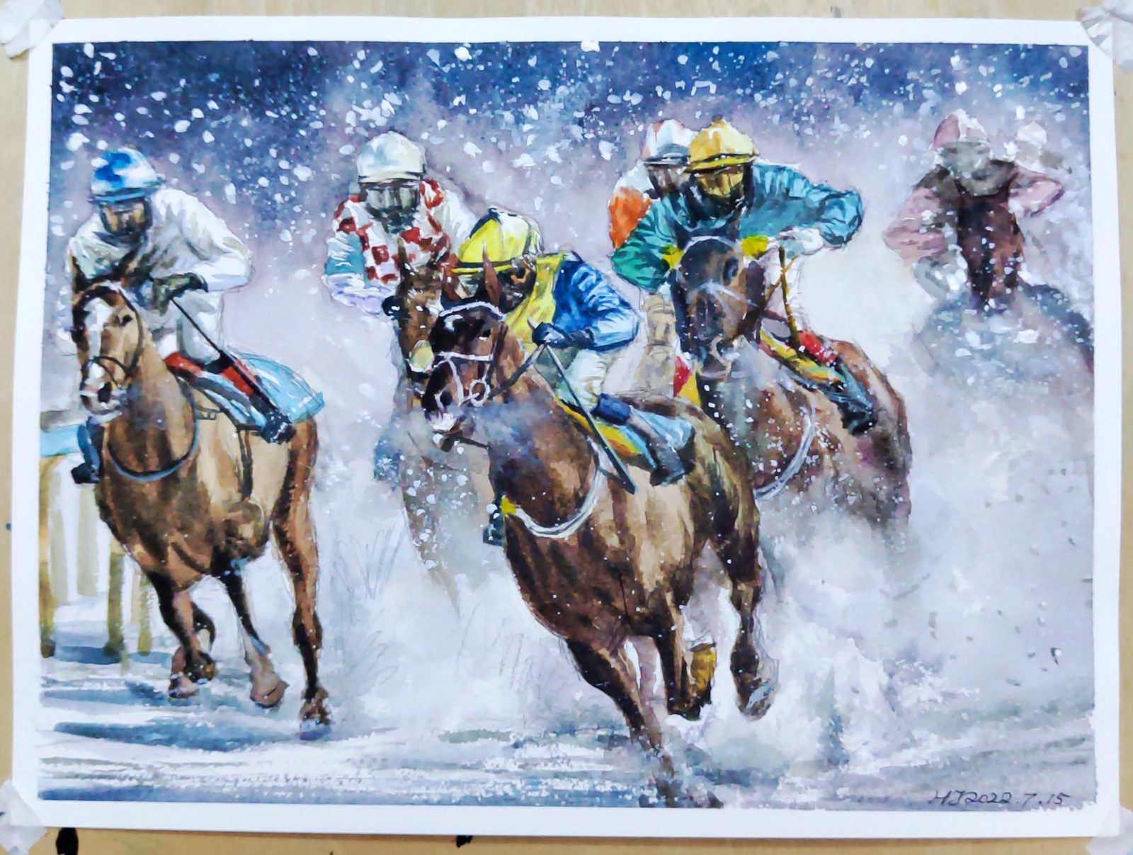 Watercolor of jockeys and horses charging through snow