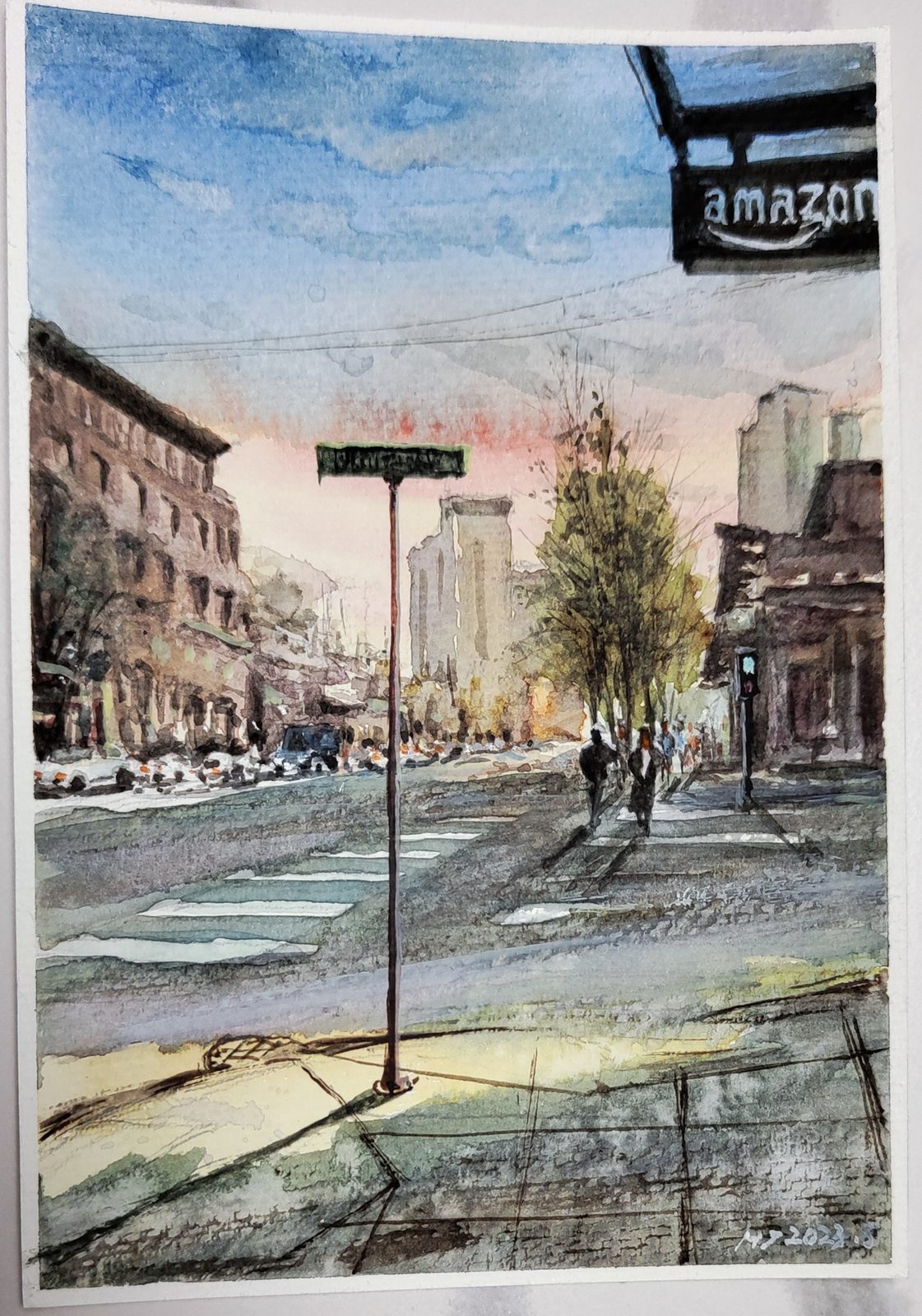 Watercolor of a Seattle street corner at dusk with pedestrians at a crosswalk
