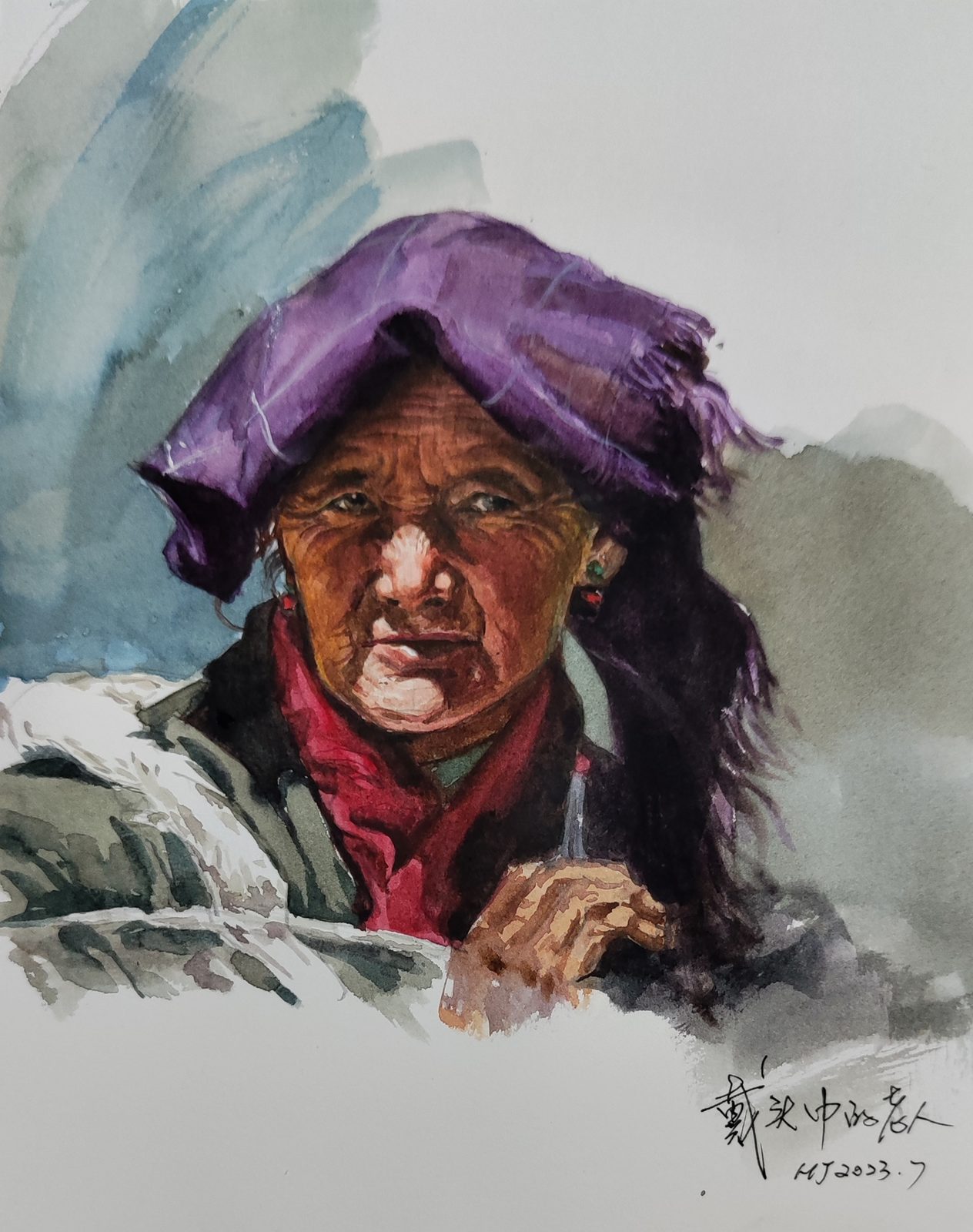 Watercolor portrait of an elder wearing a purple headscarf
