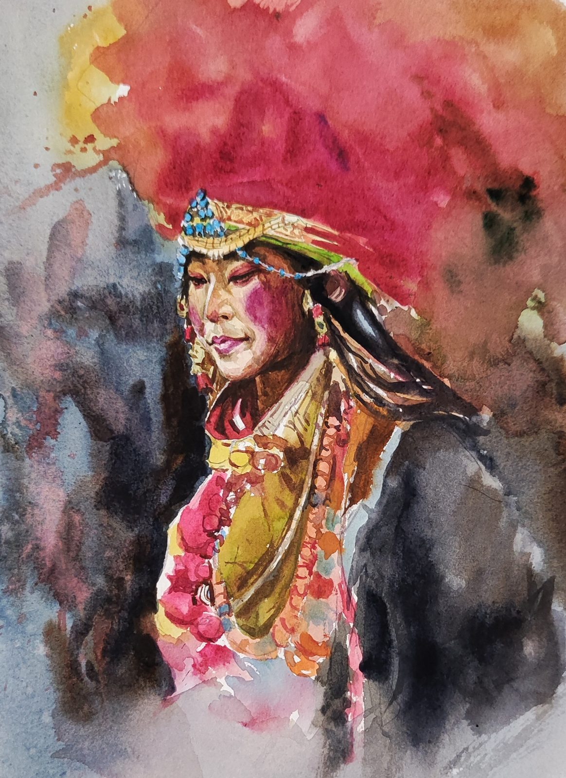 Watercolor portrait of a woman in a red headdress and beaded jewelry