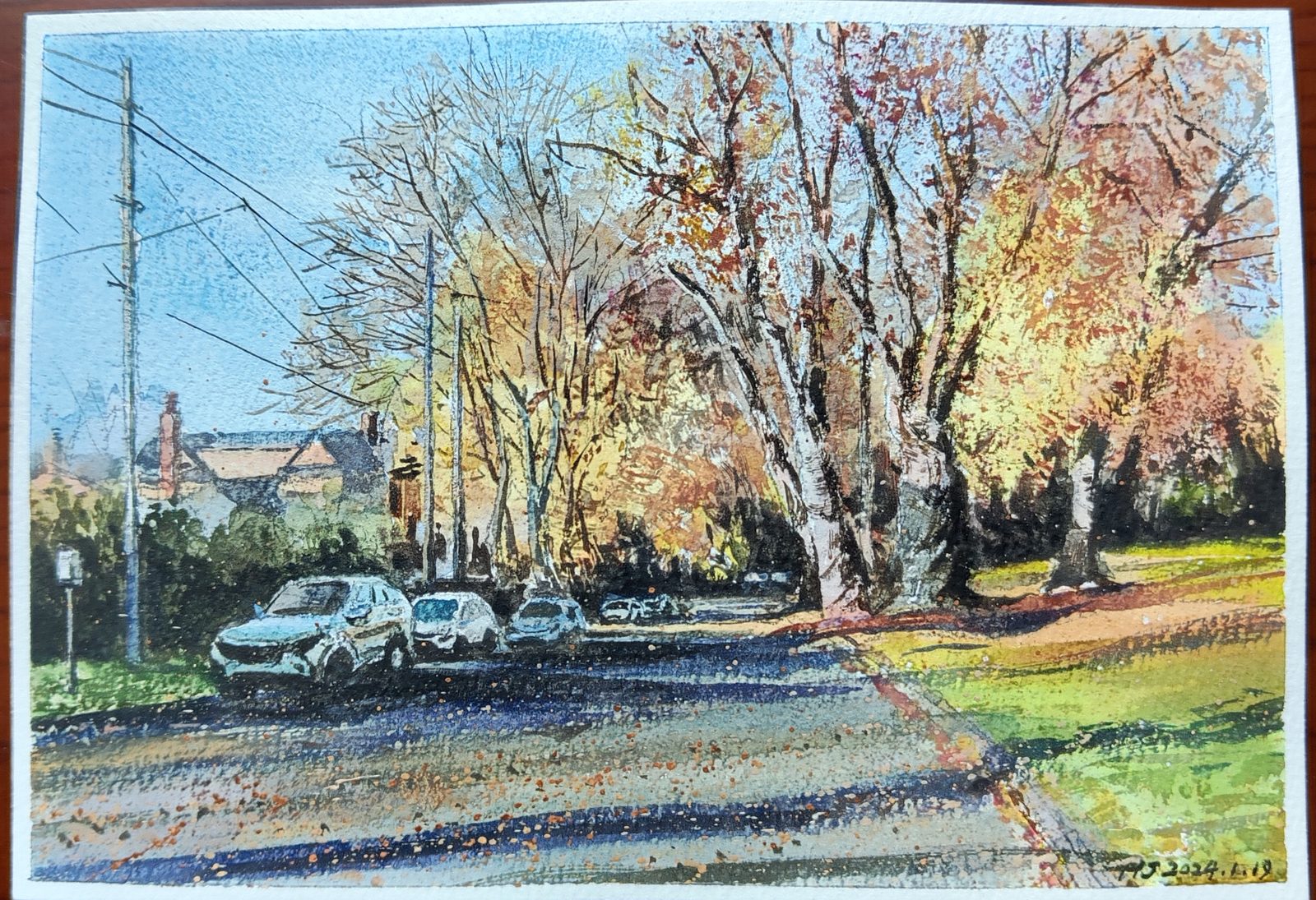 Watercolor of a residential street in autumn with low sun through the trees