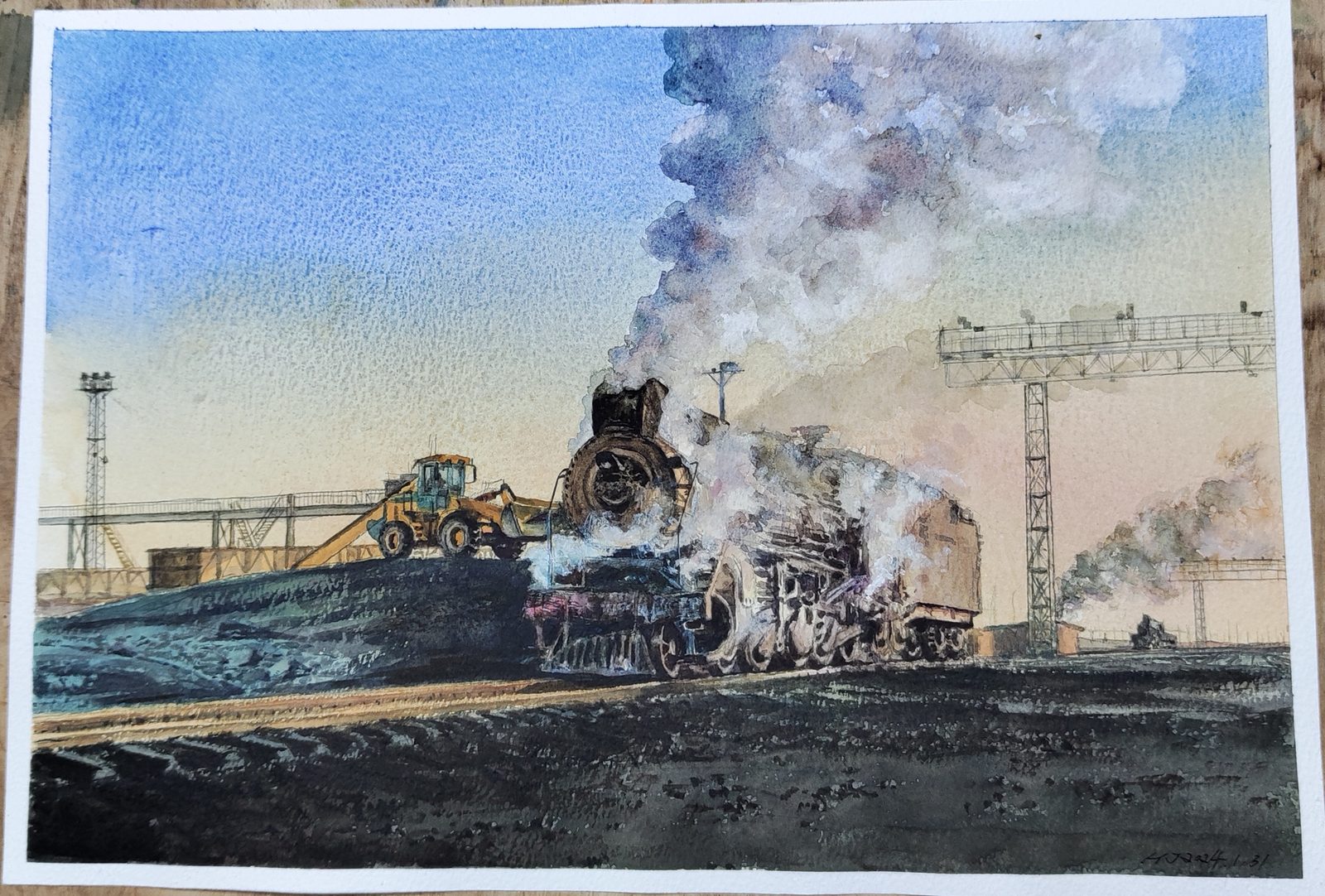 Watercolor of a steam locomotive billowing smoke in a rail yard