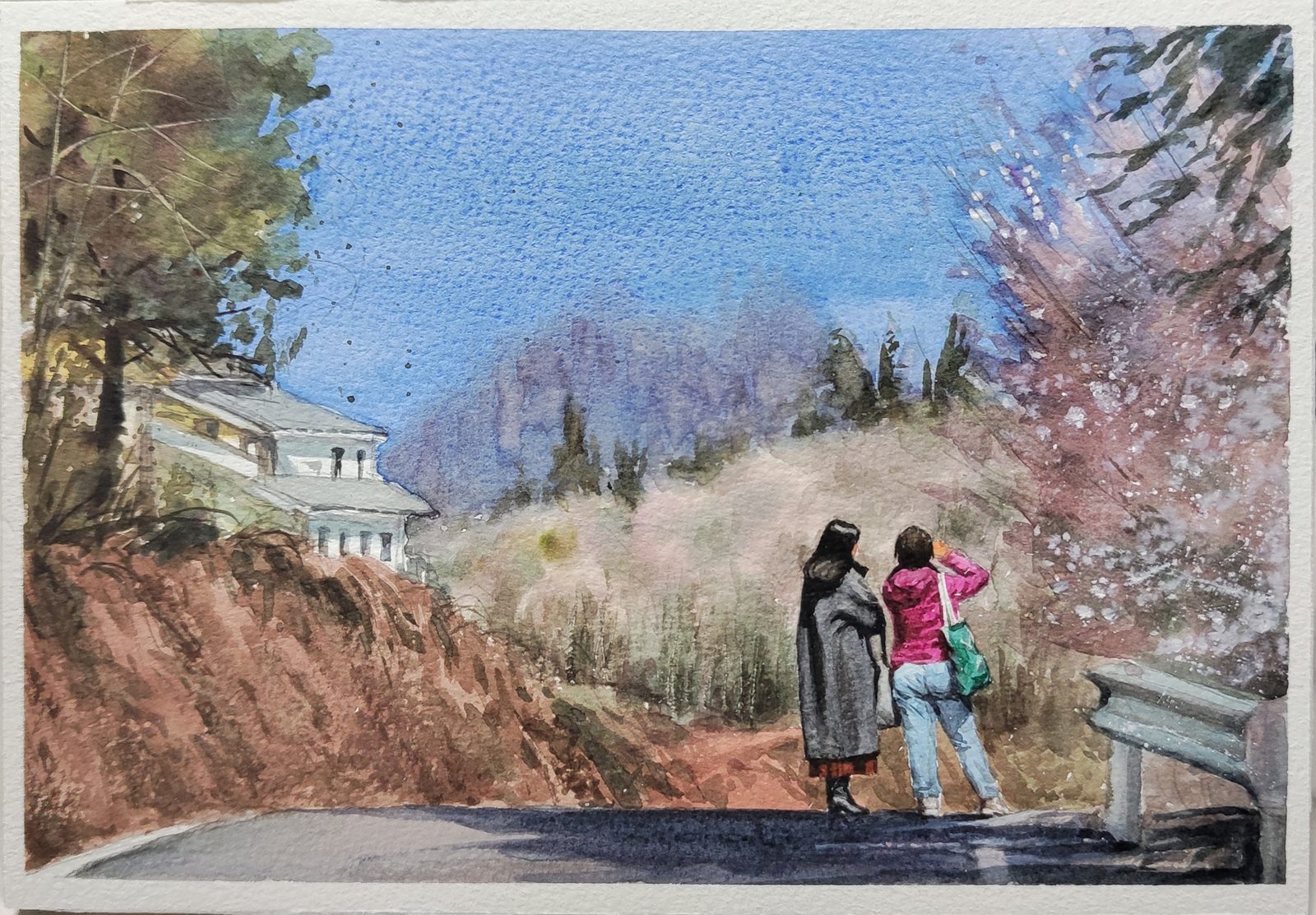 Watercolor of two people on a roadside admiring blossoming trees beneath mountains