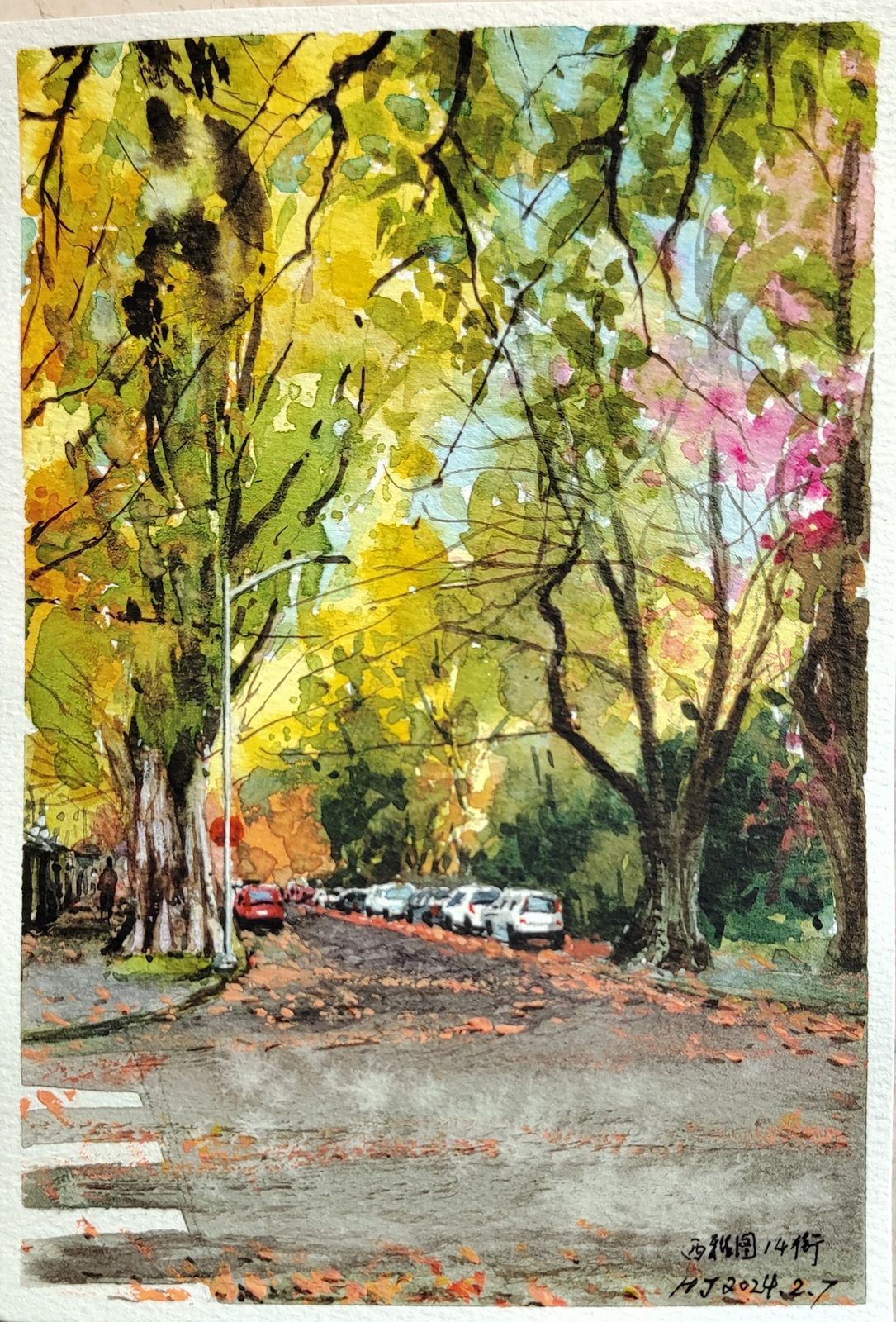 Watercolor of a tree-lined avenue in autumn with parked cars beneath yellow leaves