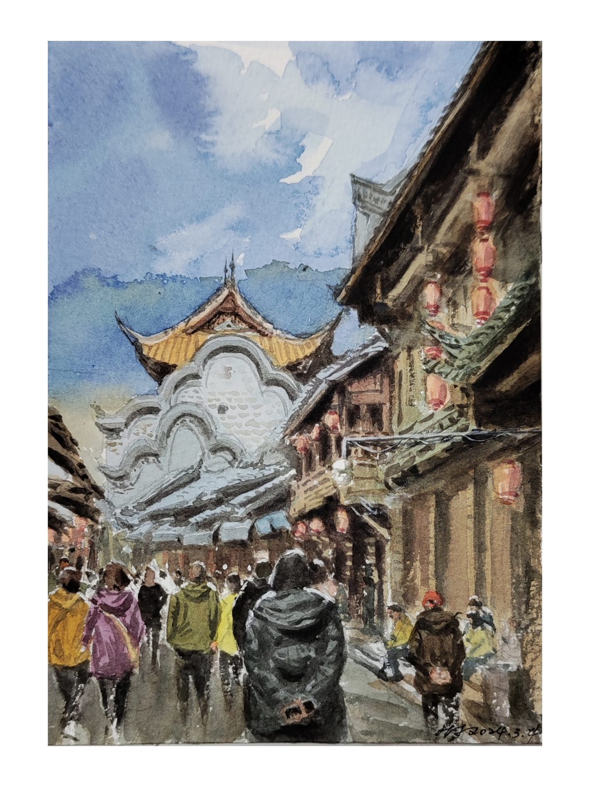 Watercolor of a crowded old street with a temple gate and red lanterns