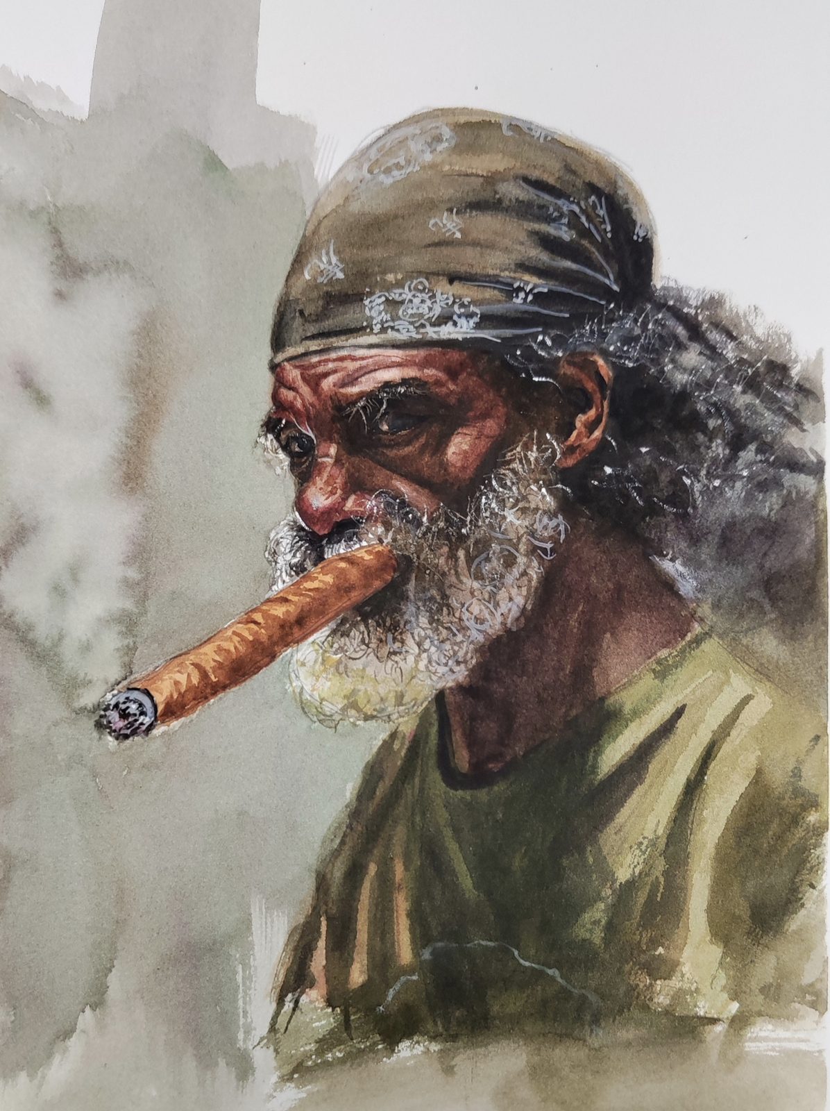 Watercolor portrait of an elder in a bandana savoring a cigar