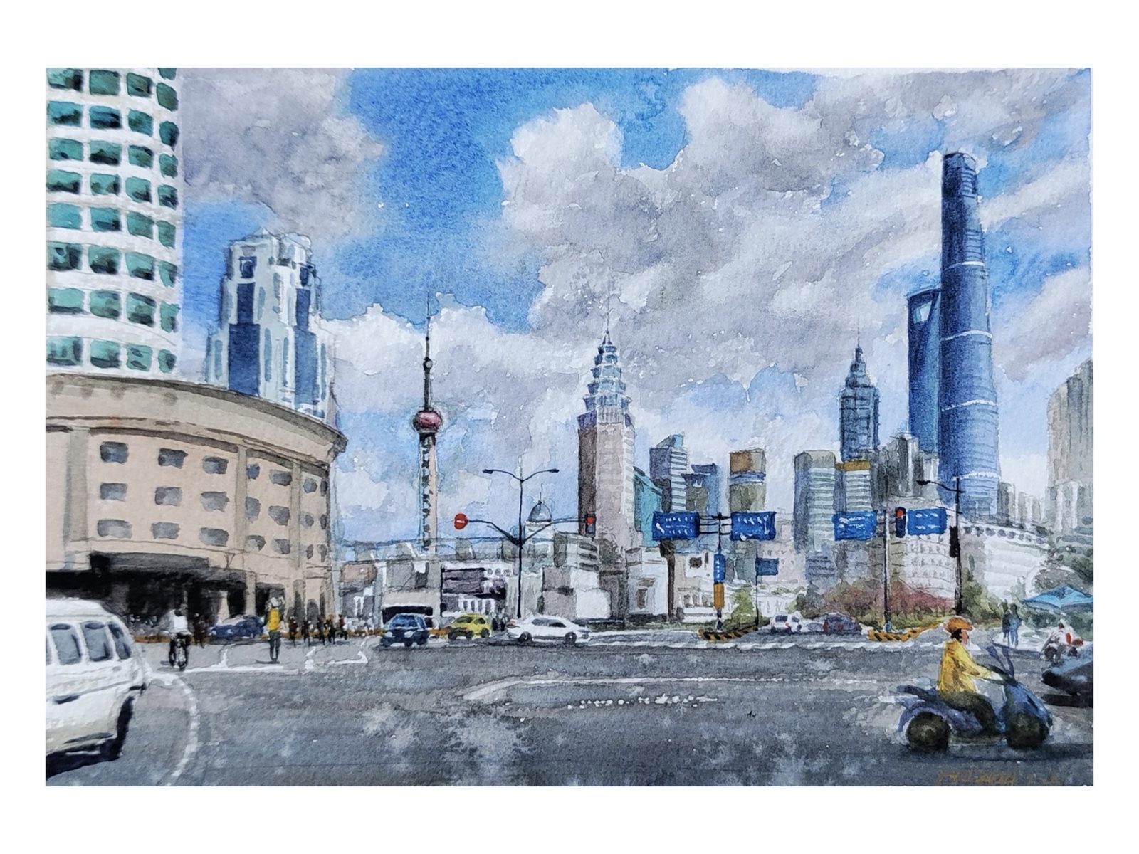 Watercolor of a Shanghai intersection with the Pudong skyline beyond