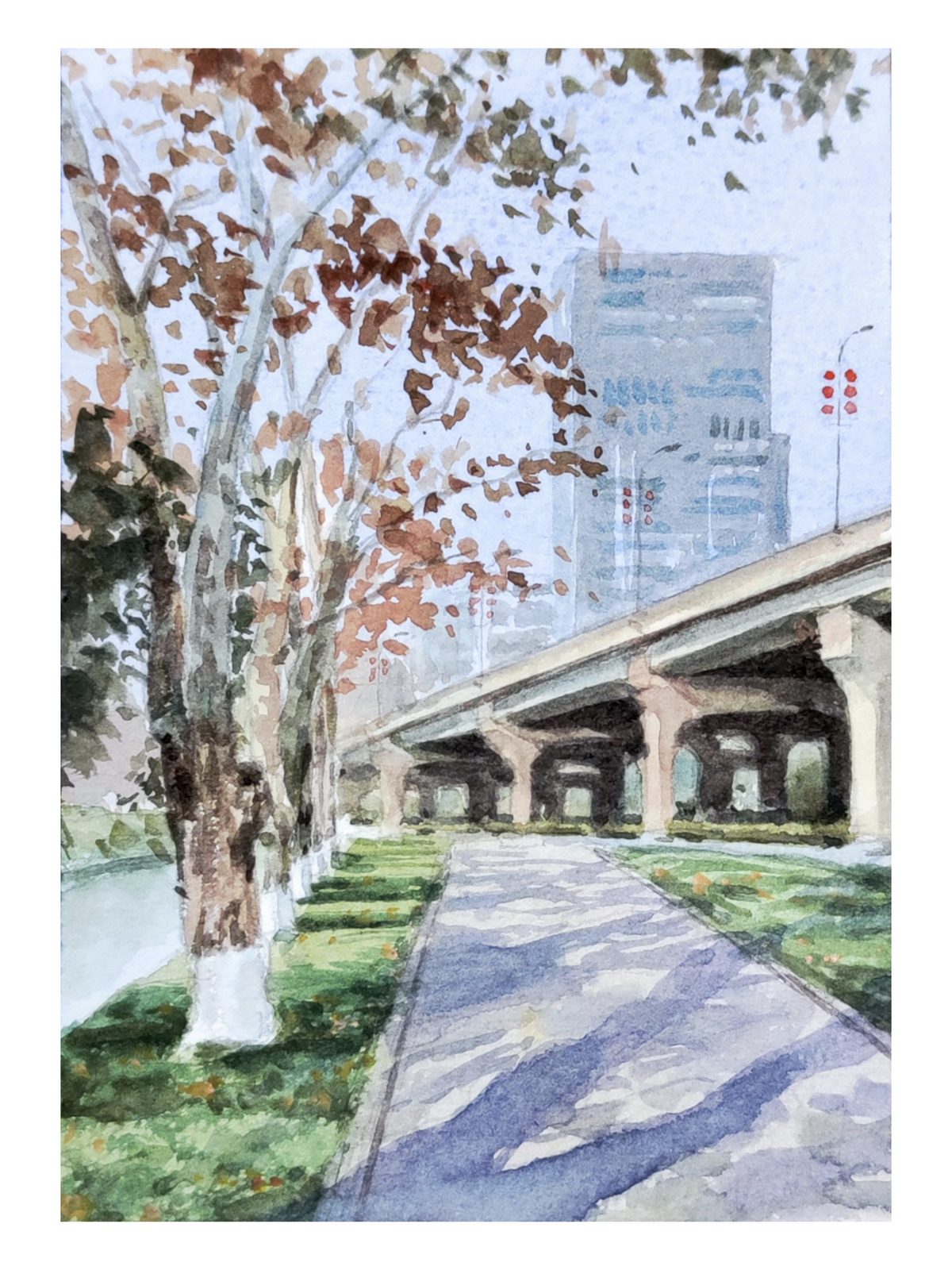 Watercolor of a tree-lined path beside an elevated highway with skyscrapers in the haze