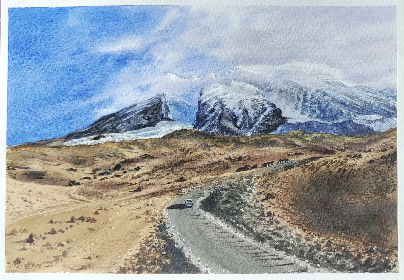 Watercolor of a lone car on a road climbing toward snowy mountains