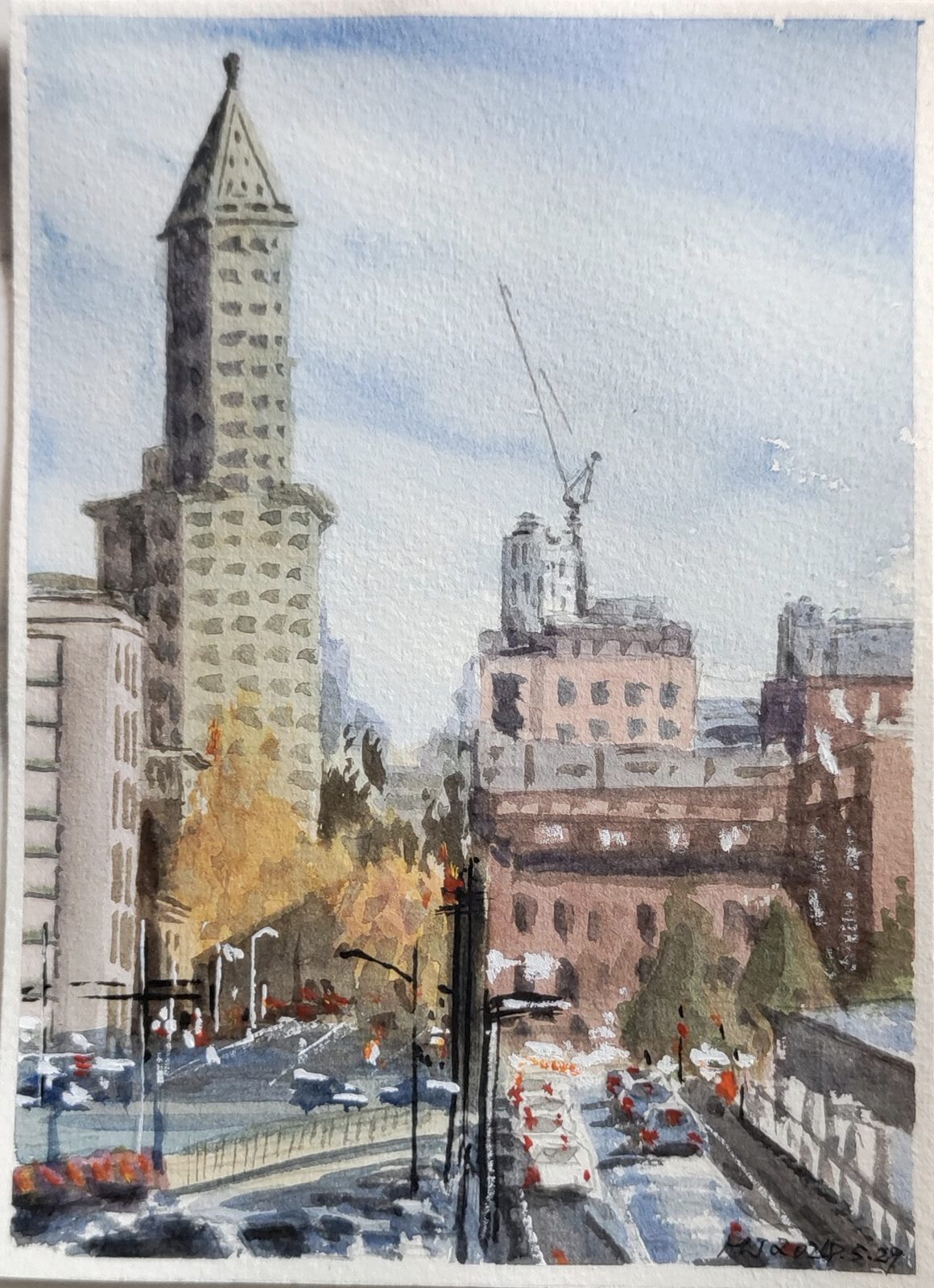 Watercolor of Smith Tower above a busy Seattle street