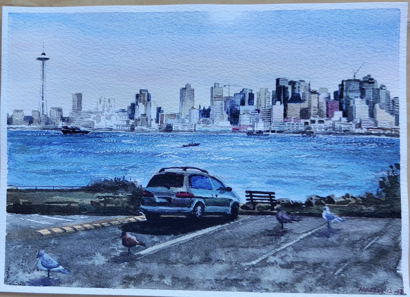 Watercolor of the Seattle skyline across the water with a parked car and seagulls in front