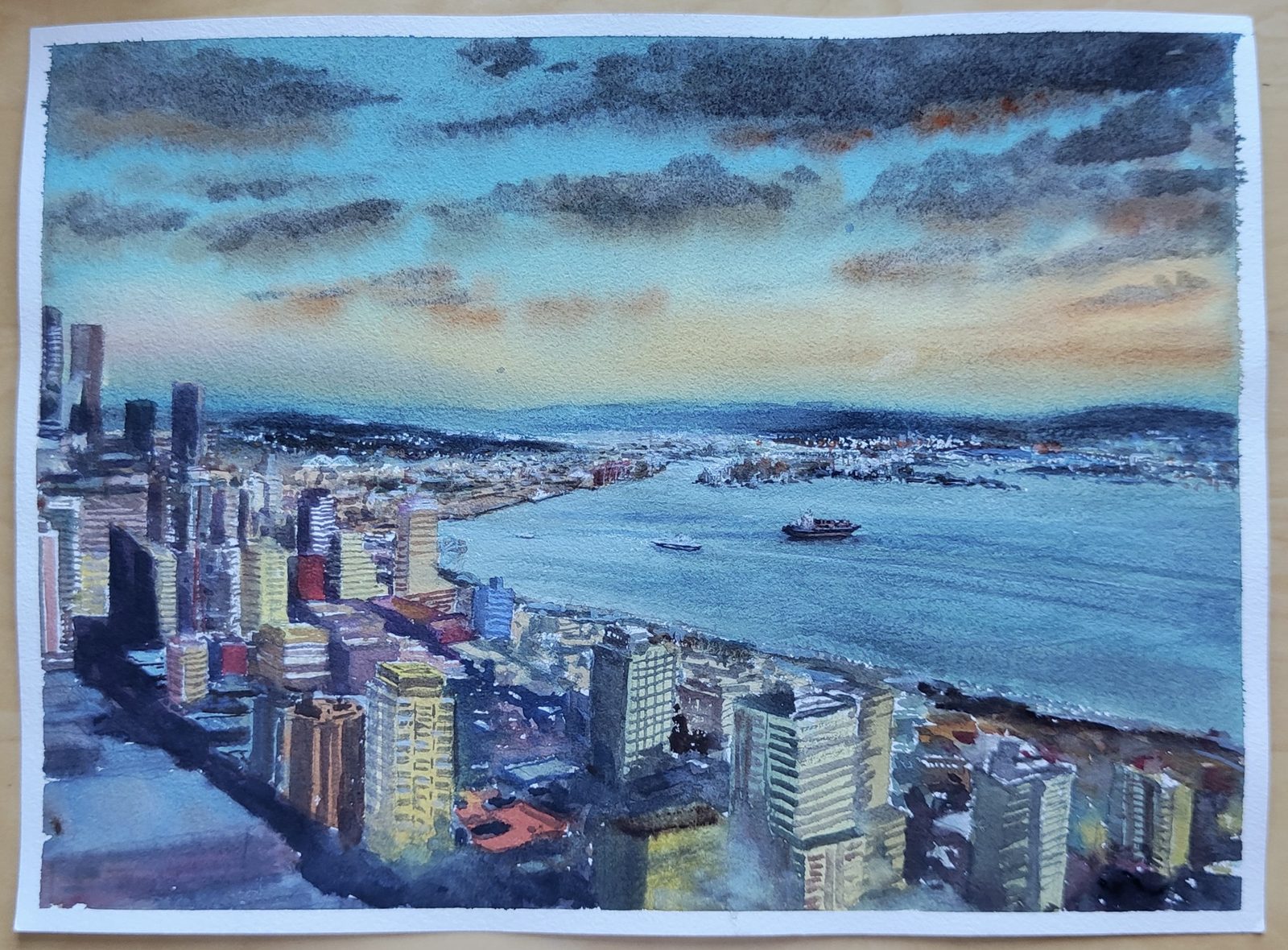 Watercolor of downtown Seattle and Elliott Bay seen from above at dusk