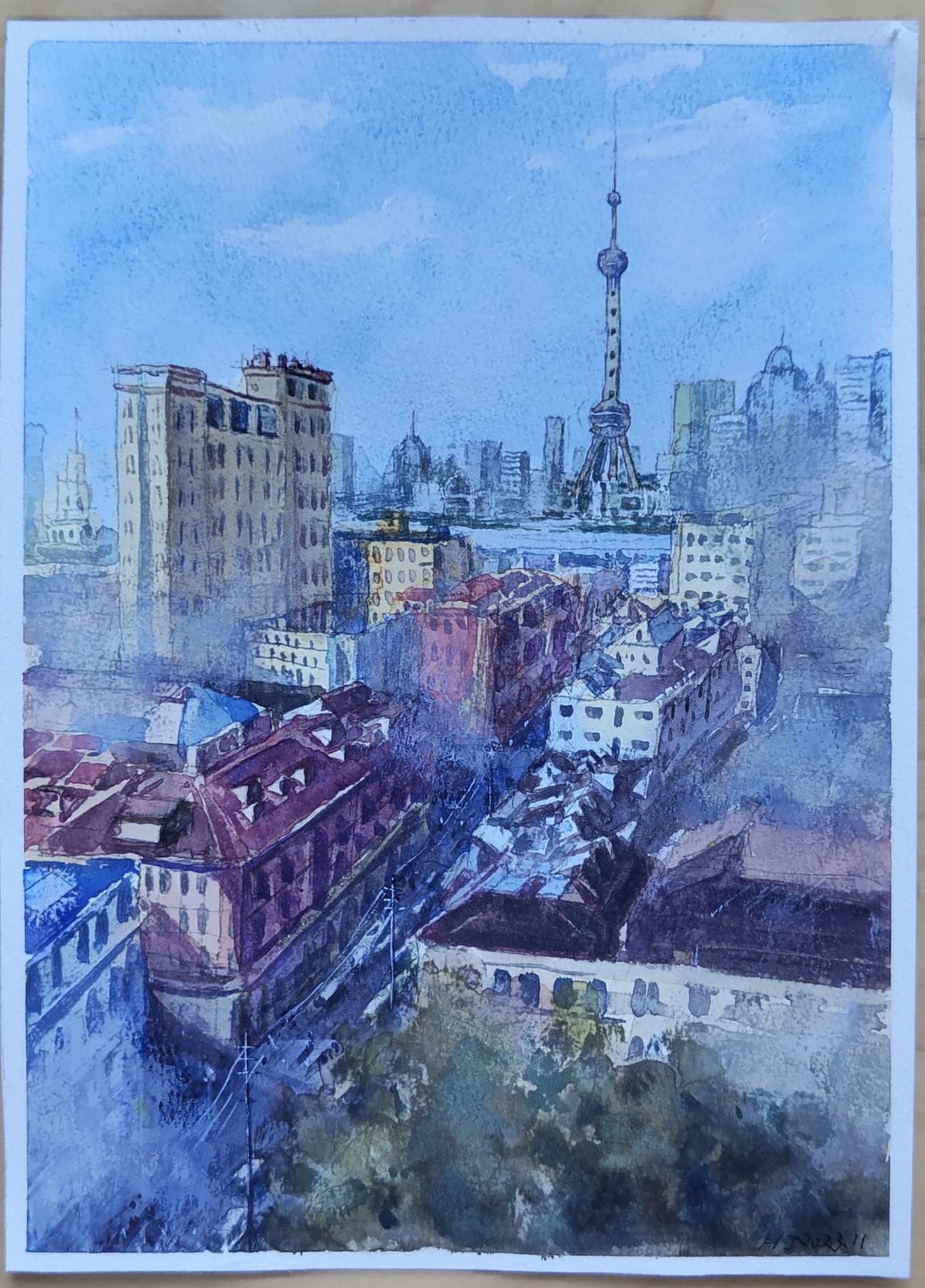Watercolor of old Shanghai rooftops with the Pearl Tower in the distance
