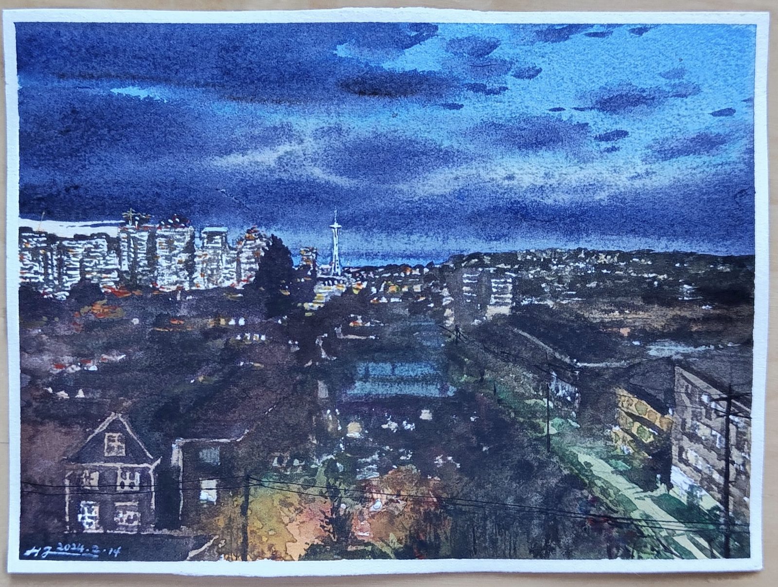 Watercolor of the city at night from a hillside with the Space Needle lit in the distance