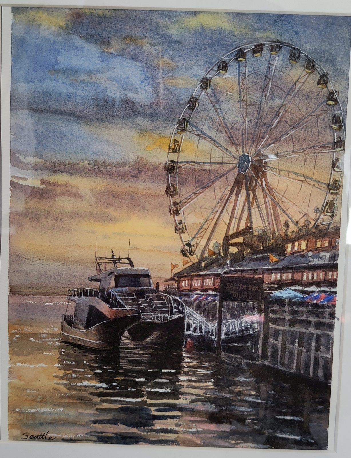 Watercolor of the Seattle Great Wheel and the waterfront at sunset