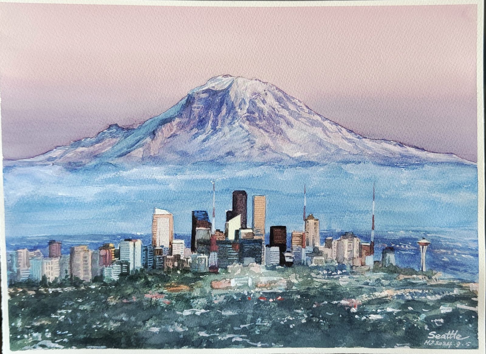 Watercolor of Mount Rainier rising behind the Seattle skyline under a pink sky