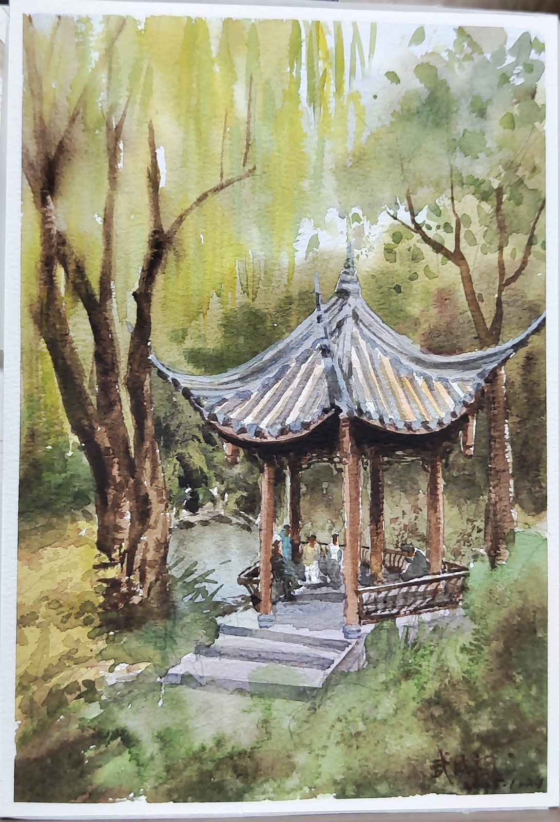 Watercolor of a traditional pavilion among willows