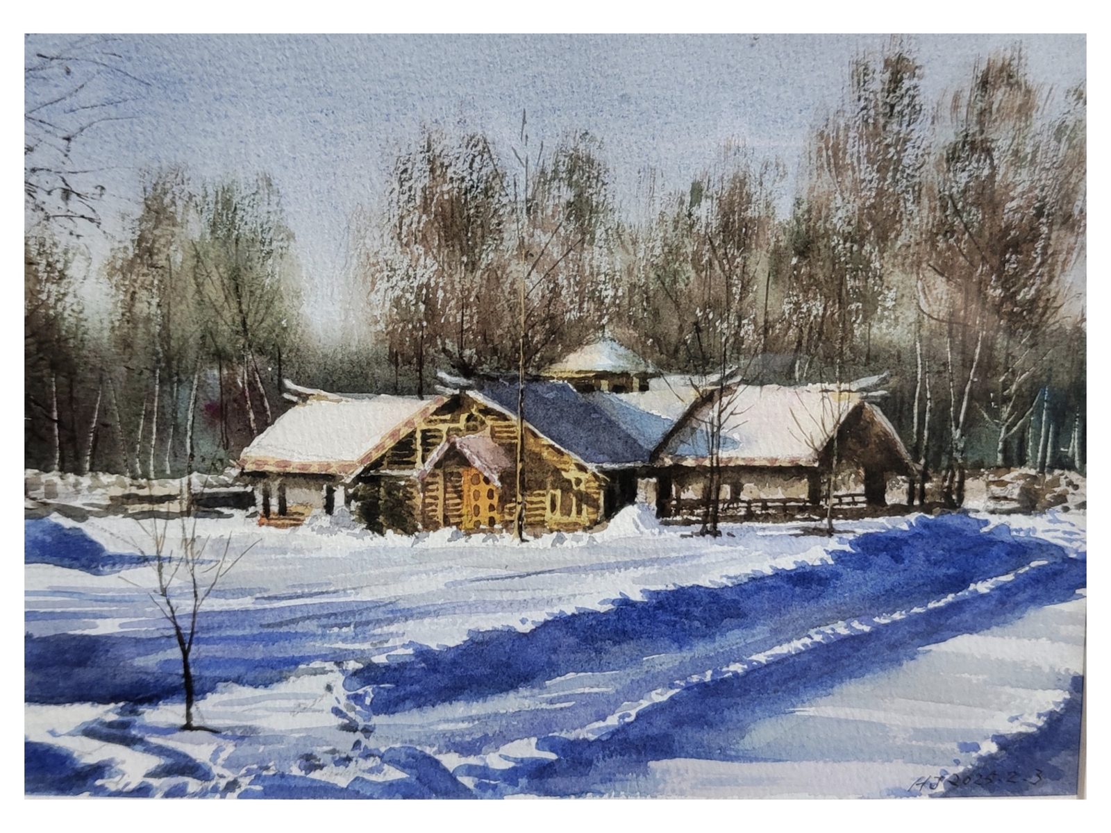 Watercolor of timber cabins in deep snow with long blue shadows