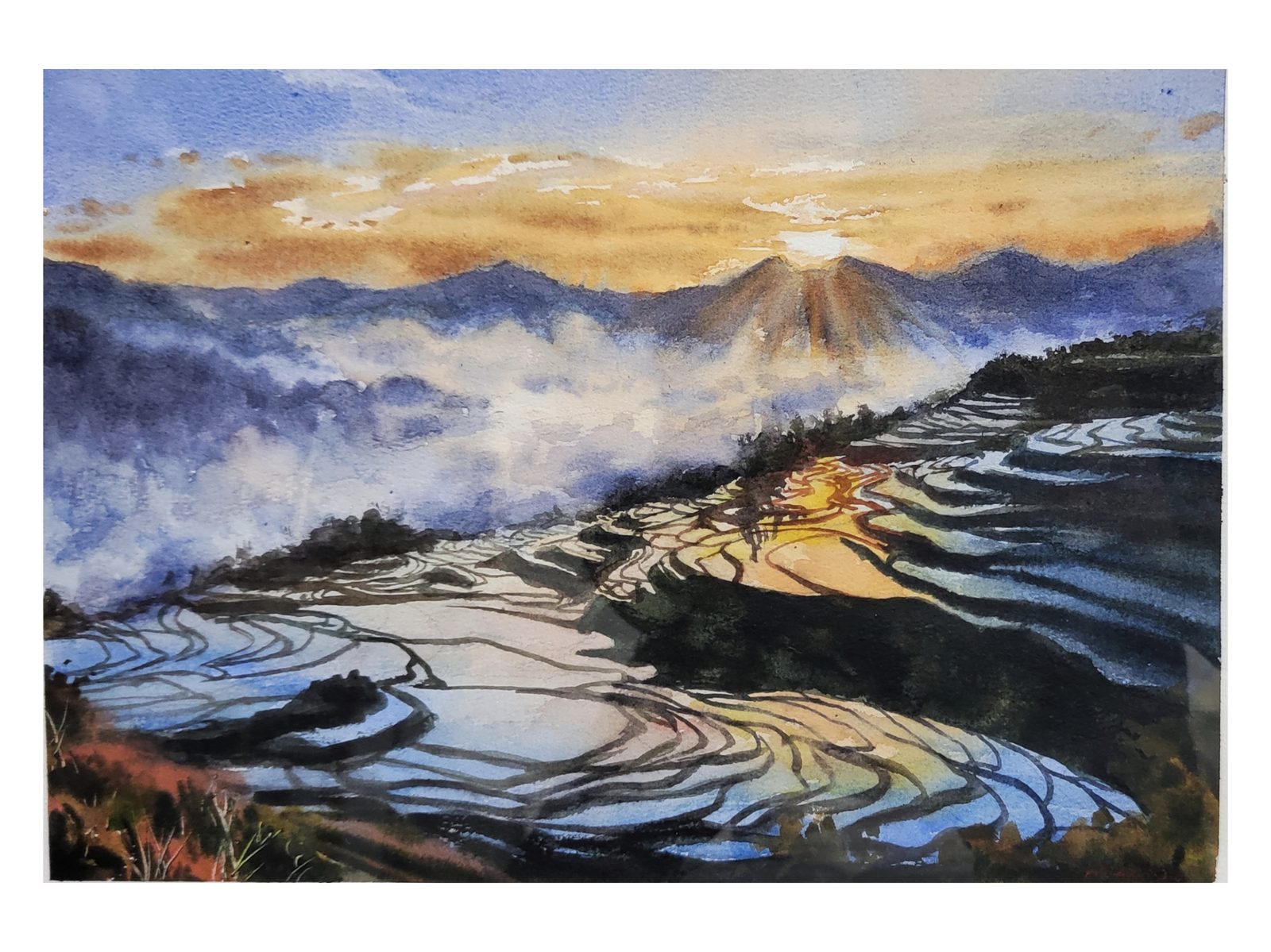 Watercolor of flooded rice terraces glowing under a mountain sunrise