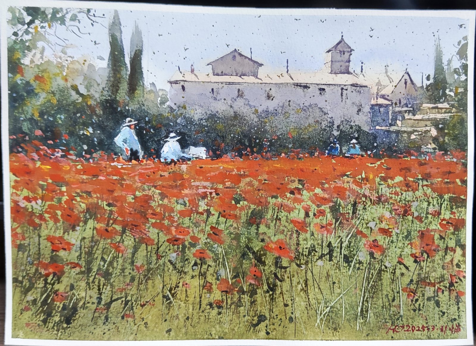 Watercolor of a red poppy field below a stone village