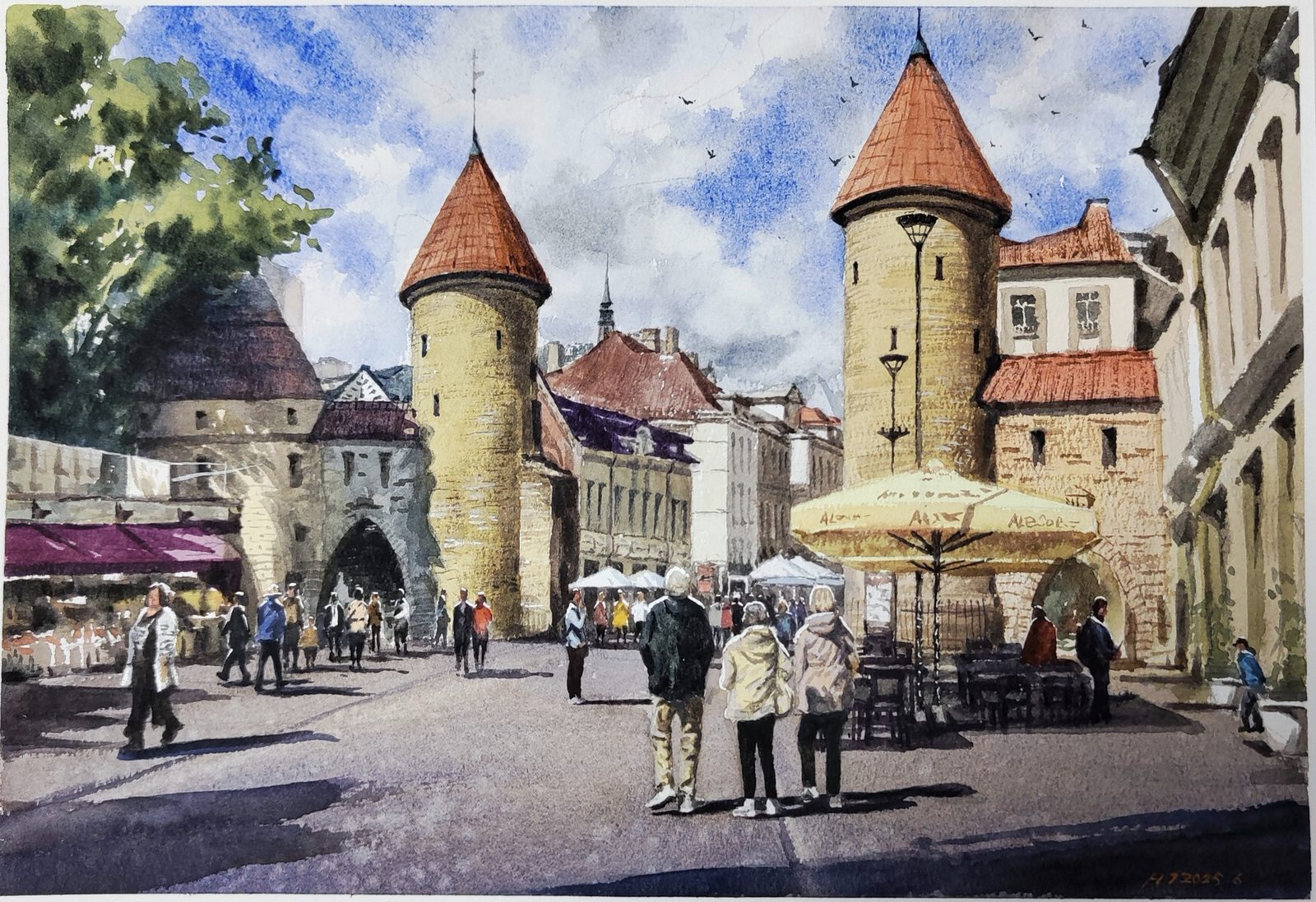 Watercolor of the twin towers of Viru Gate in Tallinn with cafe umbrellas