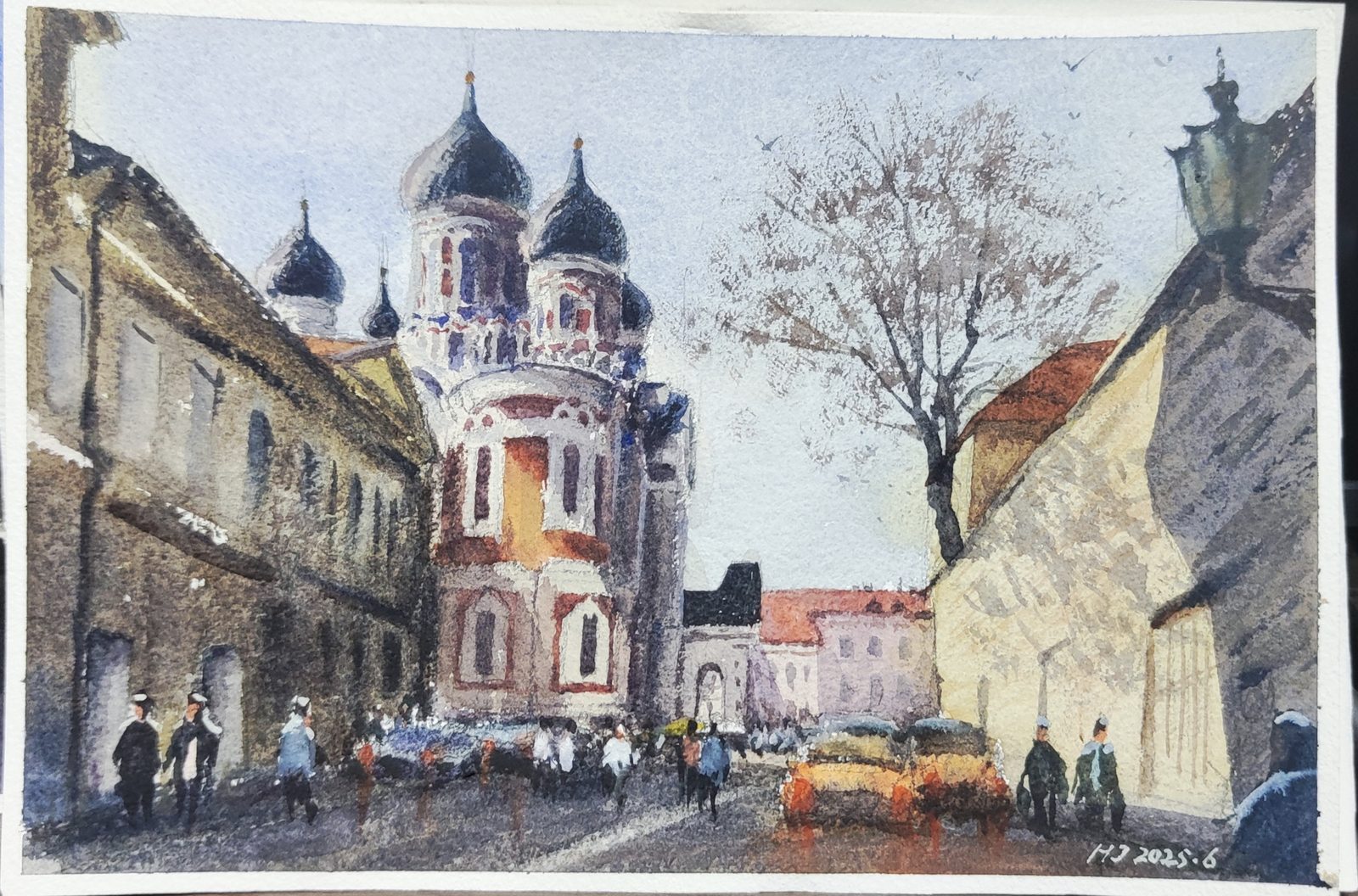 Watercolor of a Tallinn street with the domes of Alexander Nevsky Cathedral