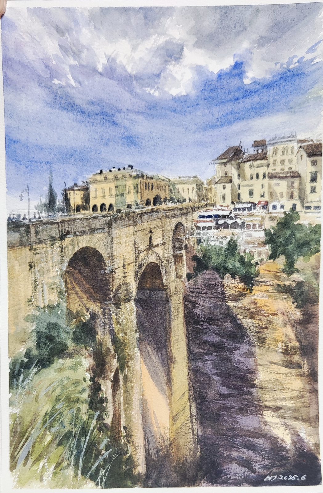 Watercolor of the stone bridge spanning the gorge at Ronda