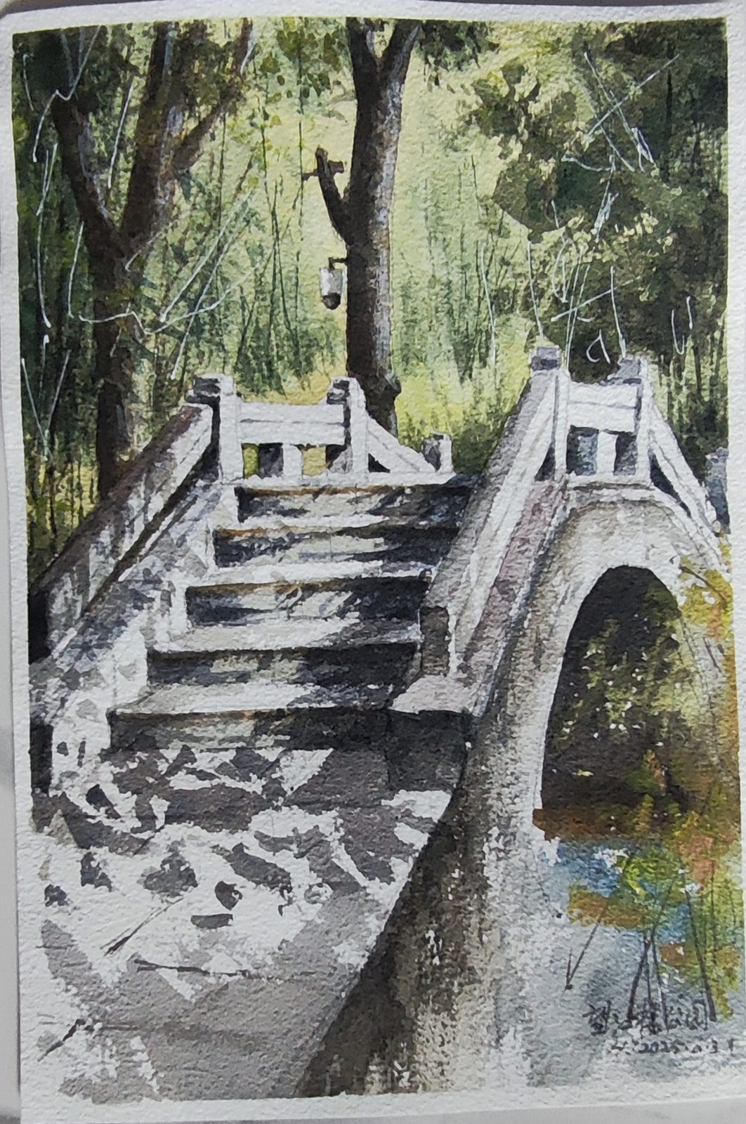 Watercolor of an arched stone bridge with steps in a bamboo grove