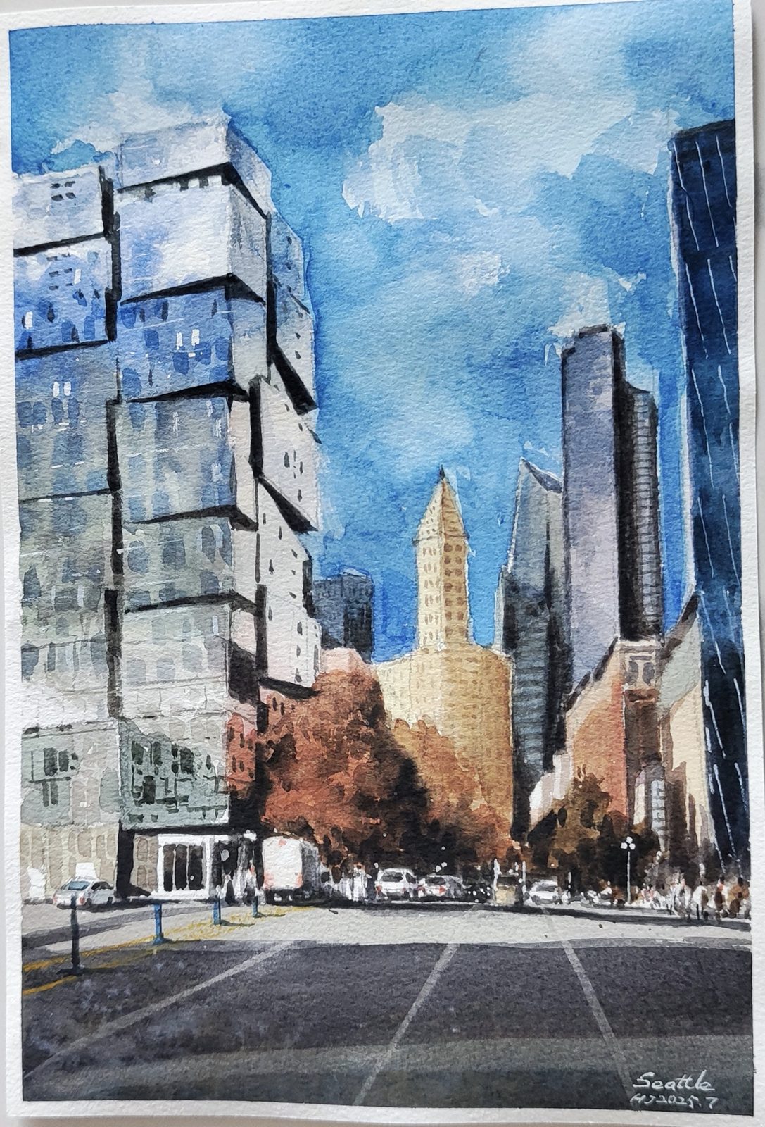 Watercolor of Smith Tower framed by modern glass high-rises