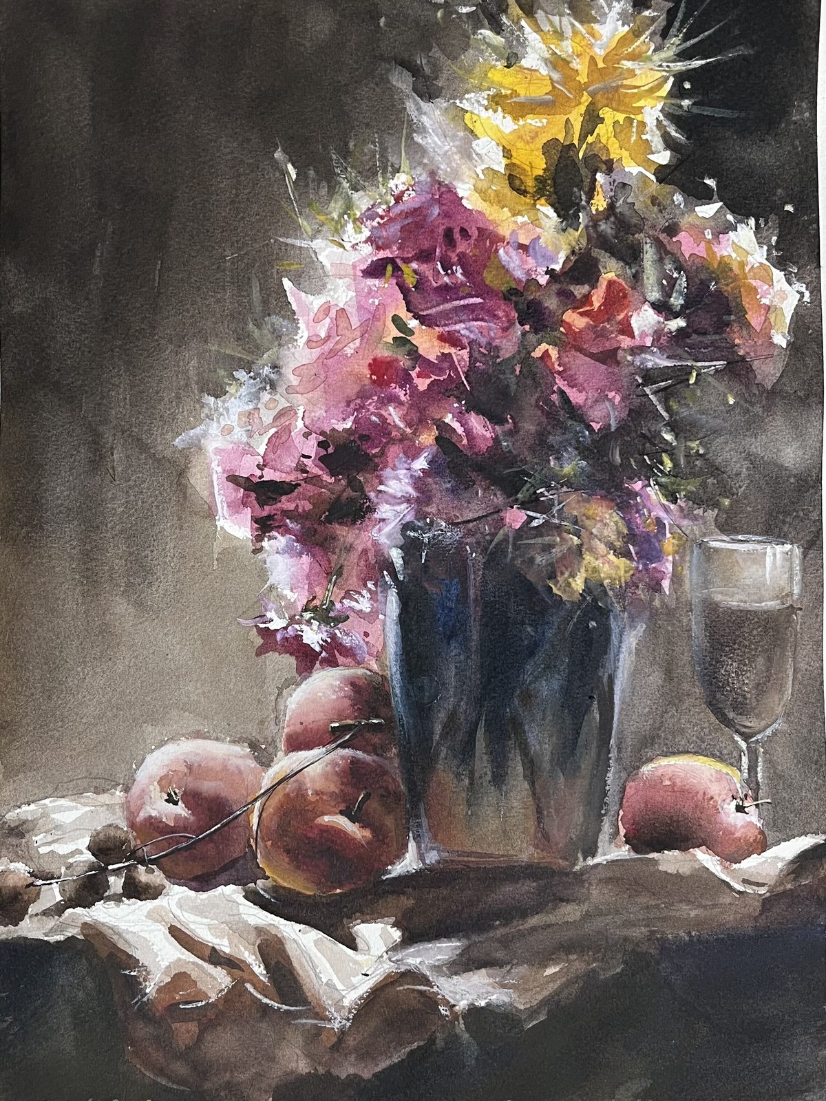 Watercolor still life of a dark bouquet with peaches and a glass