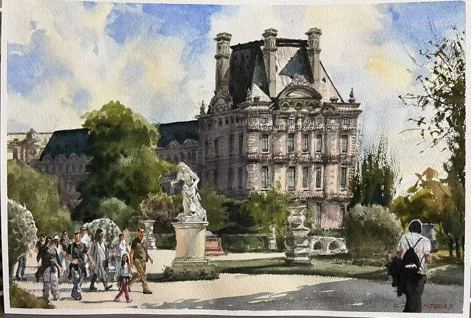 Watercolor of the Tuileries garden with the Louvre behind