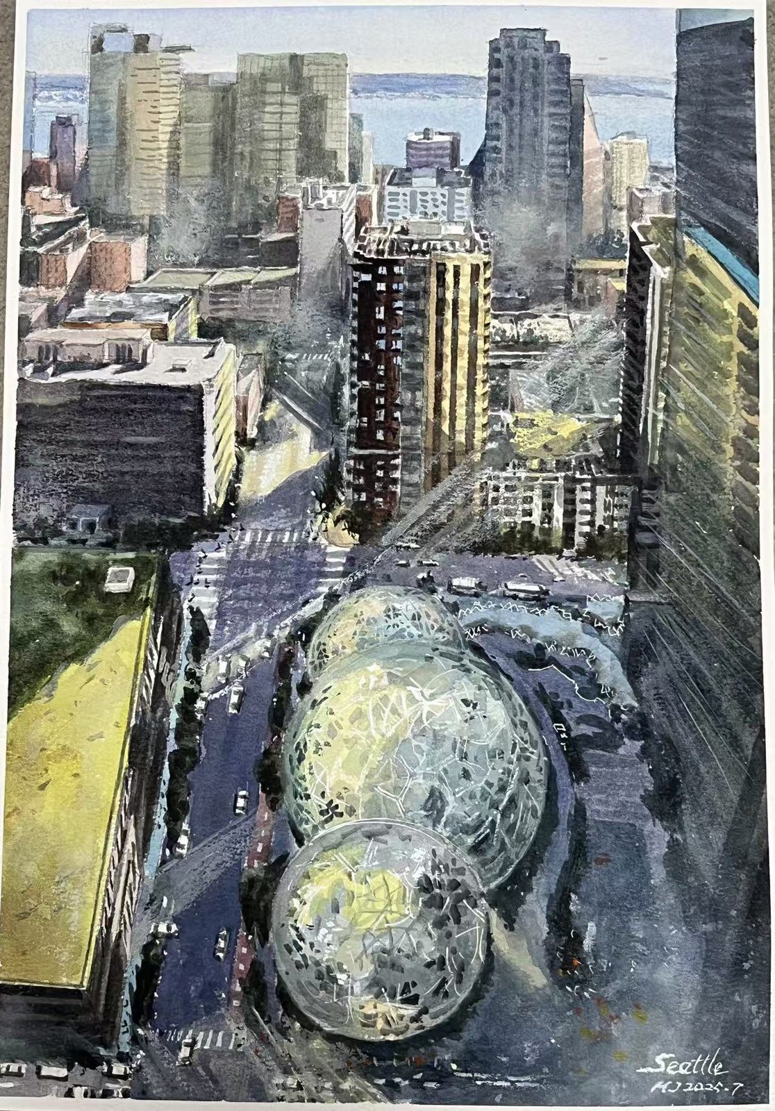 Watercolor looking down on the glass Spheres among downtown Seattle towers