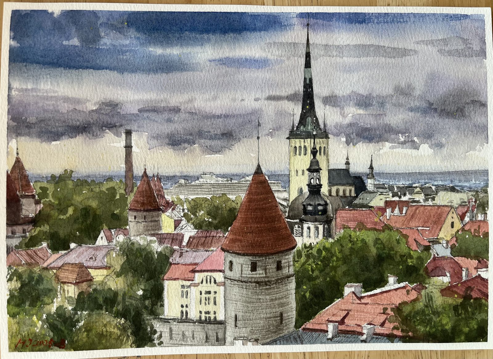 Watercolor of Tallinn old town rooftops and spires under a stormy sky
