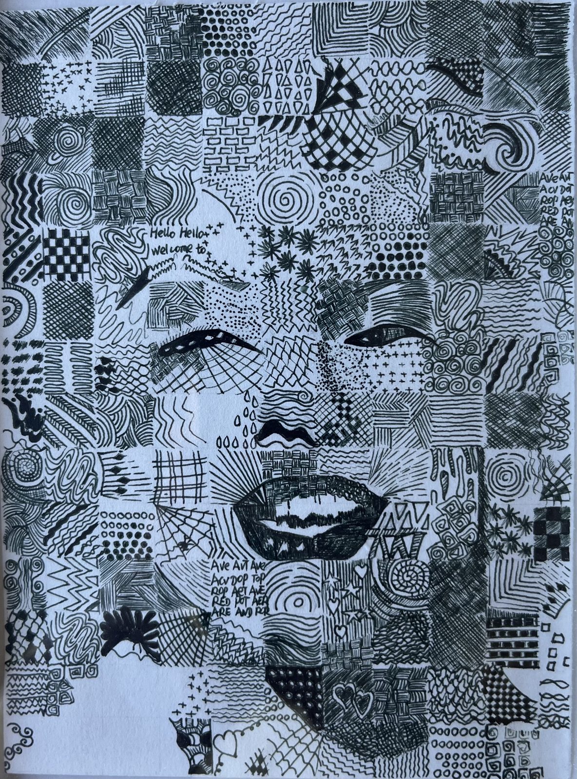 Ink Zentangle drawing of Marilyn Monroe composed from a grid of patterned squares